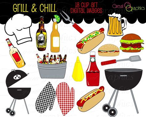 Clip art outdoor bbq cookout digital clip art, barbeque clip art, hot dog, hamburger, grill clip ...