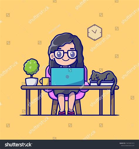 Cute Girl Working On Laptop Cat Stock Vector (Royalty Free) 1947681013 ...