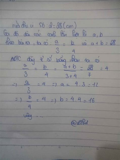 tính diện tích của hcn có chu vi bằng 56 cm và độ dài các cạnh tỉ lệ với các số 3;4