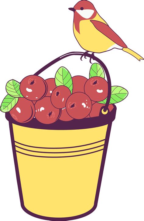 Vector illustration. A bucket full of berries. Lingonberry ripe. A bird ...