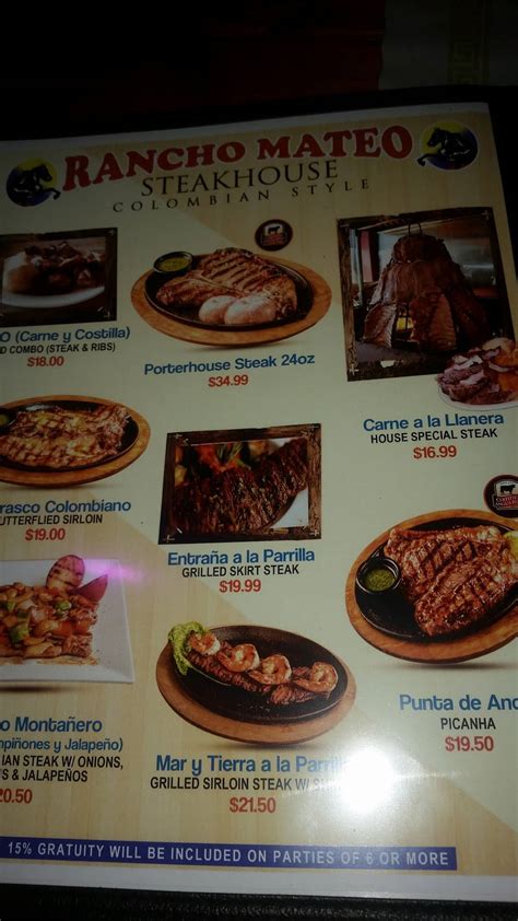 Menu at Rancho Mateo steakhouse, North Bergen