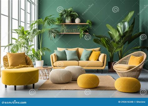 Living Room Interior with Sofa, Coffee Table and Plants Stock Photo ...