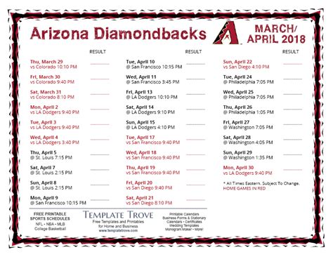 Printable 2018 Arizona Diamondbacks Schedule