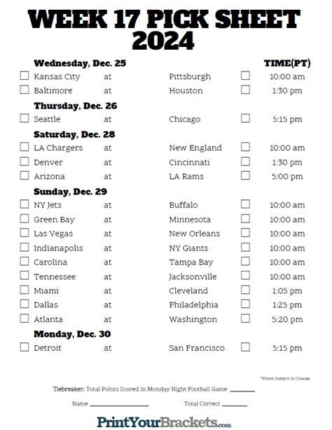 Pacific Time Week 17 NFL Schedule 2024 - Printable