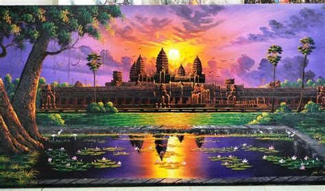 Khmer Arts Cambodia Angkor Wat Oil Painting on Canvas Signed 39.3in x ...