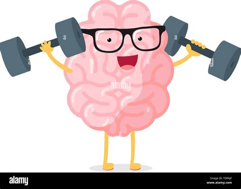 Cartoon smart strong human brain character with glasses power training ...