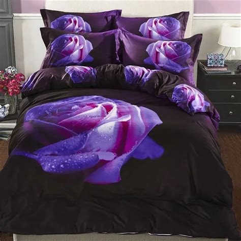 Elegant Purple Rose 3D Bedding Sets Queen Size 100% Cotton Floral Print Bed Sheet Quilt Cover ...