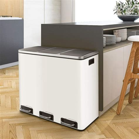 GARTIO 14.3 gal Stainless Steel Step Trash Can 3-Compartment Recycling Kitchen Garbage Bin ...