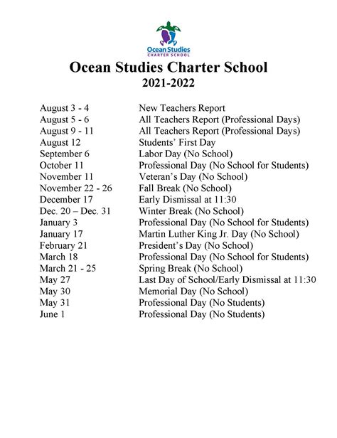 Ocean Studies Charter School Yearly School Calendar