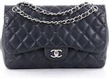 Chanel Double Classic Flap Quilted Caviar Silver-tone Jumbo Navy Blue in Caviar with Silver-tone