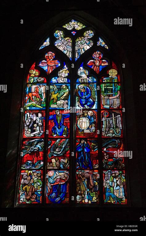 Stained-glass window, Muenster of Berne, Berne Cathedral, interior view, Berne, Switzerland ...