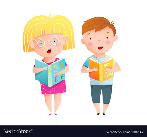 Cute little boy wearing big glasses reading aloud Vector Image