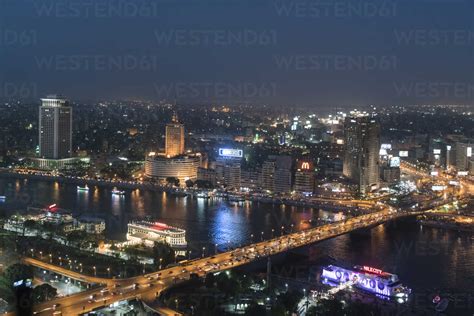 Egypt, View of Cairo, Nile River at night stock photo