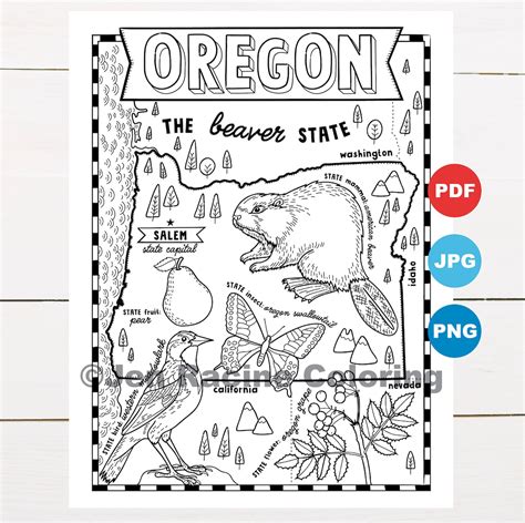Oregon Coloring Page United States State Map Wildlife - Etsy