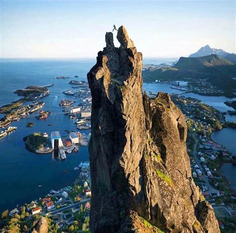 Svolvær in North Norway, climbing the Svolværgeita (geit = goat). Photo ...