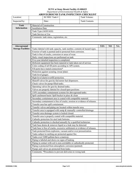 SBU Aboveground Tank Inspection Checklist - Stony Brook University