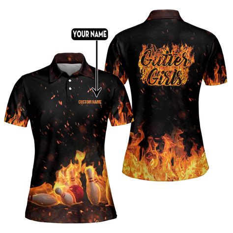 Custom Bowling Polo Shirts For Women - Flame Bowling Shirt - Custom Black Bowling Apparel ...