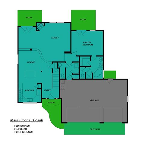 Main Floor Plan 2 Bedroom House, Master Bedroom, 1/2 Bath, 3 Car Garage, Dining And Kitchen ...