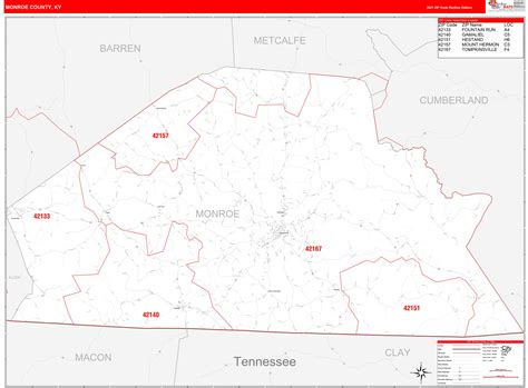 Monroe County, KY Zip Code Wall Map Red Line Style by MarketMAPS - MapSales