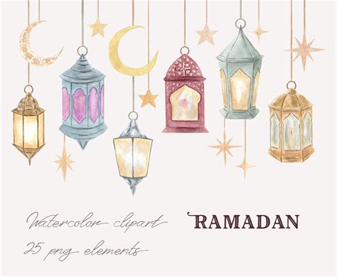 Watercolor Ramadan Clipart. Islamic Holiday Png Clip Art. Lantern, Crescent Moon, Arabic Dessert ...