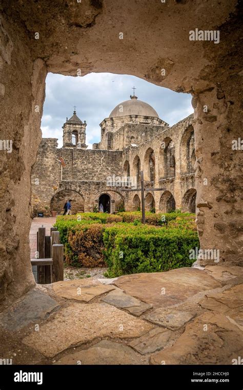 Stone architecture framing the view of Mission San Jose Stock Photo - Alamy