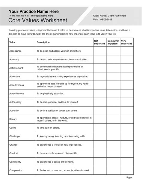 Identifying Core Values Worksheet PDF