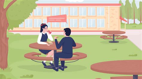 Animated school lunch outdoors. Girl and boy eating together outside. Looped flat color 2D ...