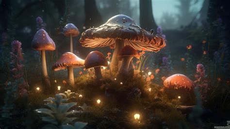 Premium AI Image | A mushroom forest with a glowing light in the background