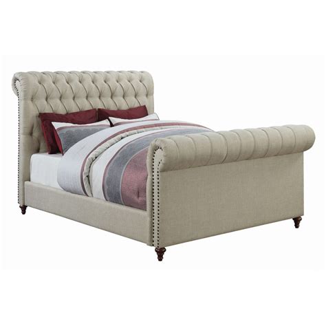 Button Tufted Eastern King Bed with Scrolled Headboard and Footboard, Beige - Walmart.com ...