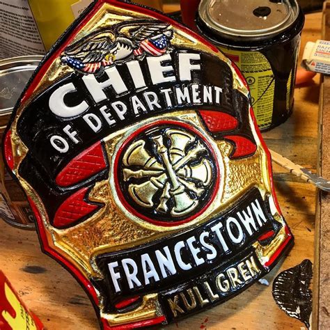 Standard Style shield 23.75k gold leaf bright finish. Francestown NH Fire Dept. TryWorks Leather ...