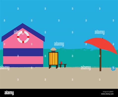 Simple and colourful beach scene including a beach hut striped deck chair and sun parasol on a ...