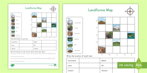 Landform Coordinates Map Grid Worksheet for Kids