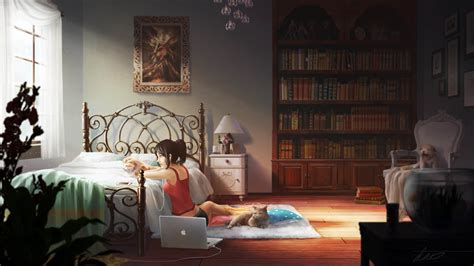 Desktop Wallpaper Cute Anime Girl, Relaxed, Bedroom, Original, Hd Image ...