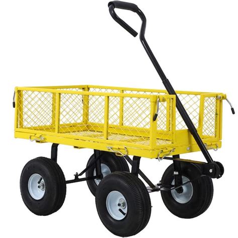 Miscool 3 cu. ft. 500 lbs. Capacity Metal Yard Wagon Garden Cart Removable Sides Flat Bed Yellow ...