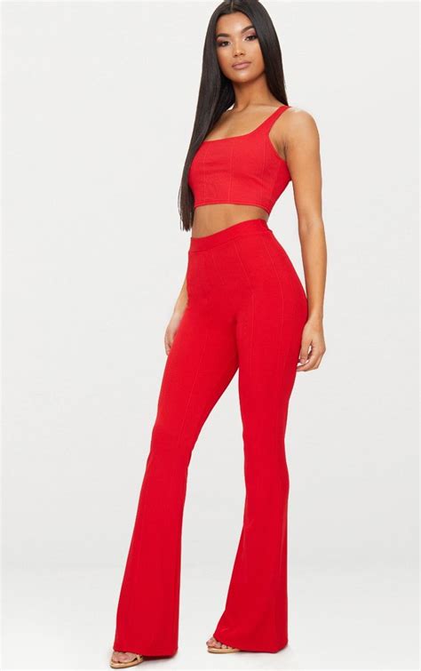 Red Bandage Flared Trouser | Flare trousers, Flare pants, Red trousers