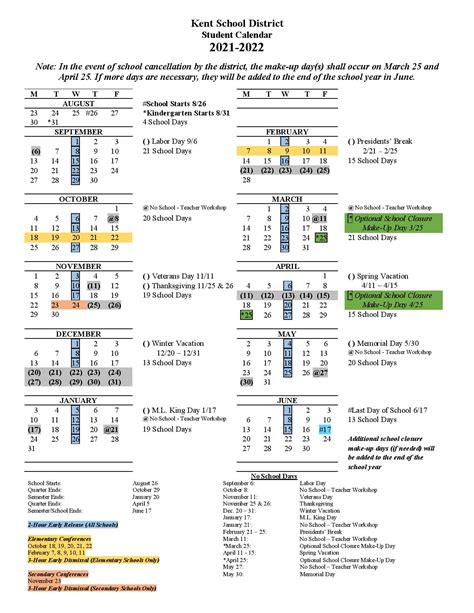 Kent School District Calendar 2021-2022 in PDF - Download Here