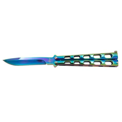 THIRD BUTTERFLY KNIFE RAINBOW BLUE PATTERN BLADE 11CM - Wicked Store