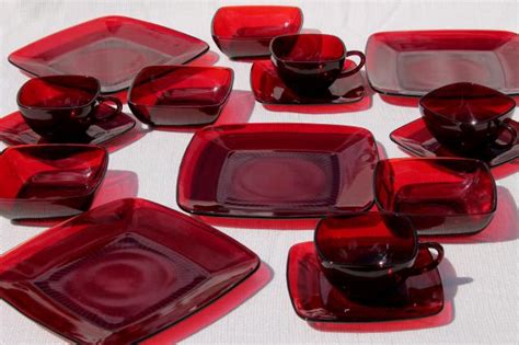 vintage Royal Ruby red glass dishes, Anchor Hocking Charm square plates, cups, bowls set for 4