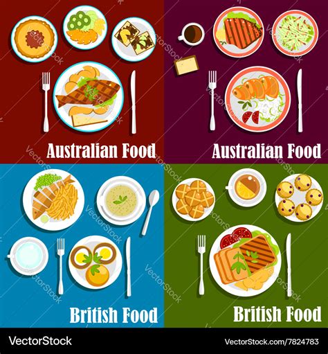 British and australian cuisine dishes Royalty Free Vector