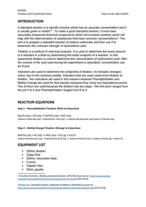 Titration Lab Report - Ap0304 Practical Transferable Skills & Reaction Equations - AP0304 ...