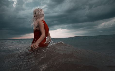 waves, women, blonde, Roman Filippov, clouds, storm, rear view, windy ...