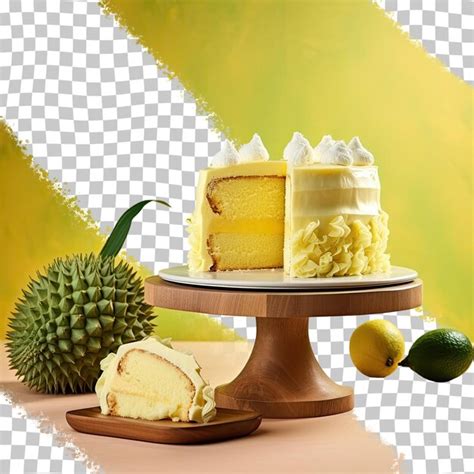 Premium PSD | Cake made with durian fruit and ripe yellow durian transparent background