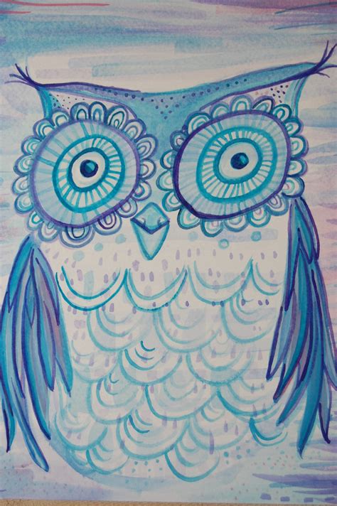 blue owl with the flower eyes | 9x12 watercolor on watercolo… | Flickr