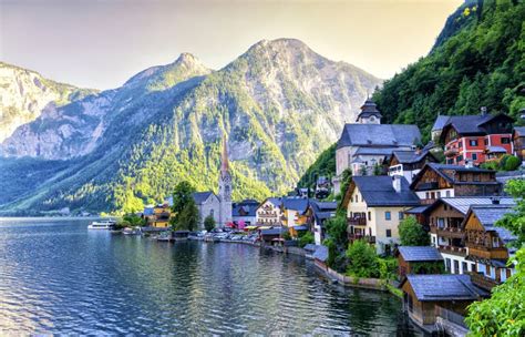 Famous Hallstatt Mountain Village And Alpine Lake, Austrian Alps Stock ...