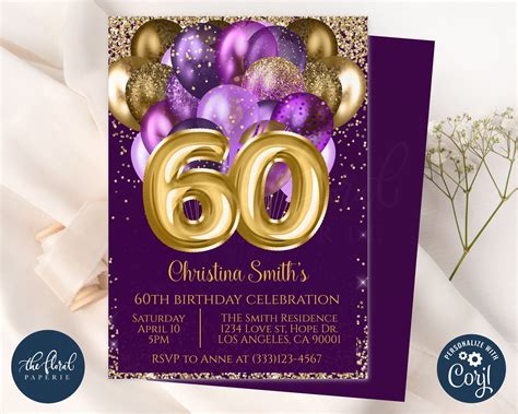 60th Birthday Invitation Template Editable Purple and Gold - Etsy UK