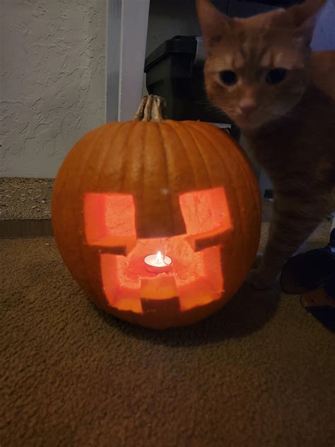 I made a creeper pumpkin for Halloween (I'm 28 years old) : r/Minecraft