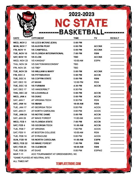 Printable 2022-2023 NC State Wolfpack Basketball Schedule