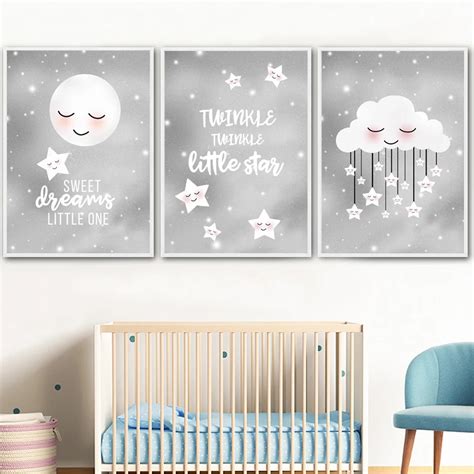 Twinkle Little Star Moon Cloud Nursery Wall Art Canvas Painting Nordic Posters And Prints Wall ...