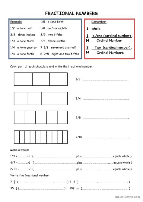 FRACTIONAL NUMBERS: English ESL worksheets pdf & doc