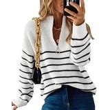 Sweaters for Women Zip Up Crew Neck Long Sleeve Striped Knitted ...